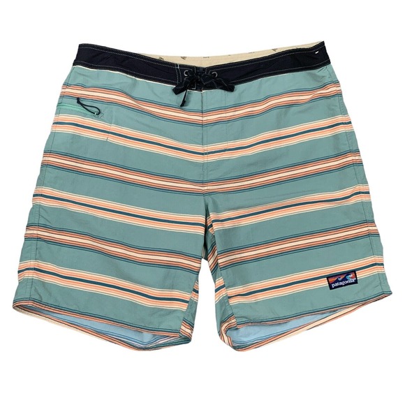 Patagonia Wavefarer Board Short Mens 38 Green Multi Stripe Nylon Drawstring Surf - Picture 1 of 14